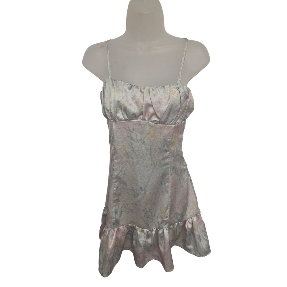 Y2K Satin Floral Mini Dress Spaghetti Strap Ruffle Fairy Coquette Cottagecore